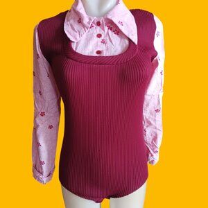 Vintage Mod Top Medium 1960's Burgundy Ribbed Bodysuit Pink Big Collar Indy Girl